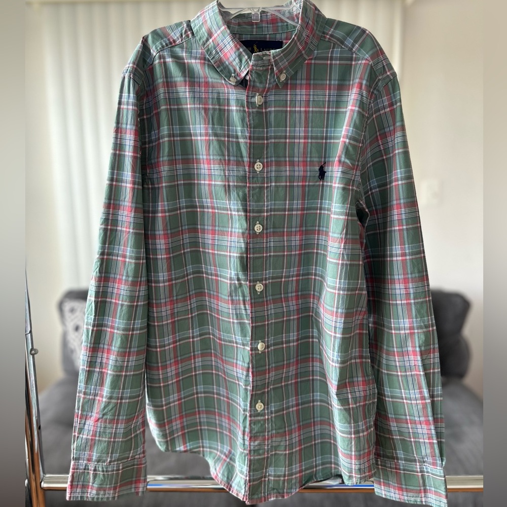 Ralph Lauren Plaid Cotton Poplin Shirt   Color Green/Pink   Size L